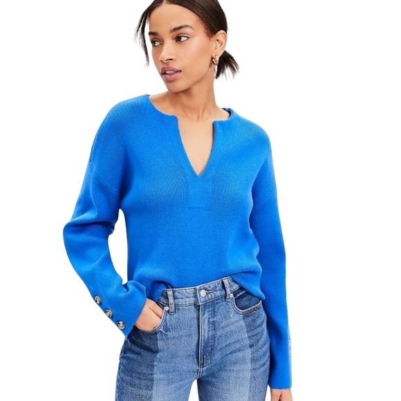 LOFT Sweaters - Loft Bright Isle Blue Button Cuff V-Neck Knit‎ Sweater Classic Pullovere